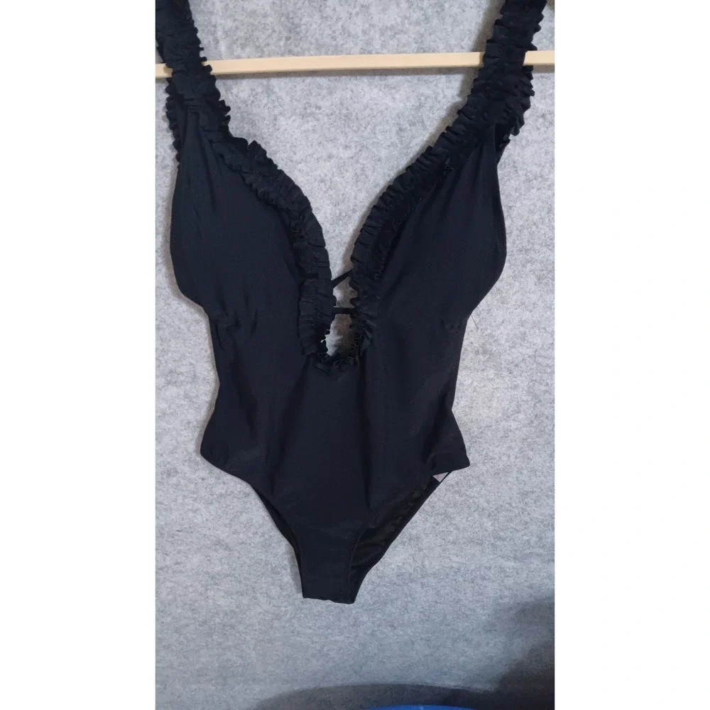 Shein Womens L NWOT Black Deep V One Piece Swimsuit Security Strip In Place